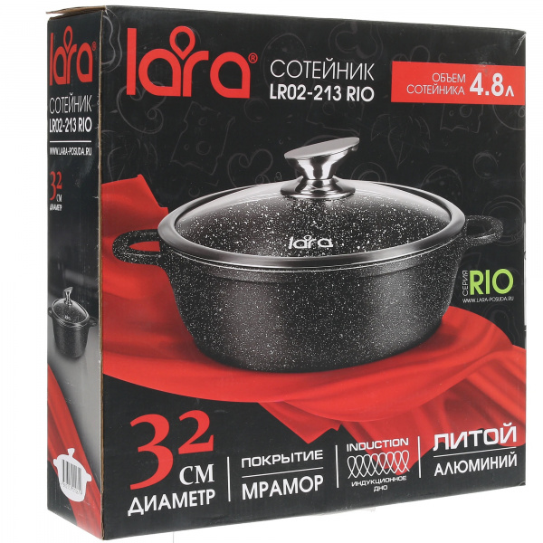 Сотейник LARA LR02-213 CHOCO 32х7.5см, 4.8л, мрамор, капсулированное индукц. дно, крышка
