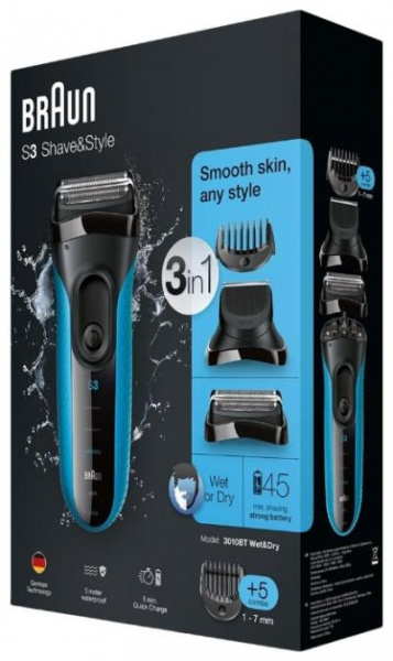 Бритва сетчатая BRAUN Series 3 3010BT синий/черный